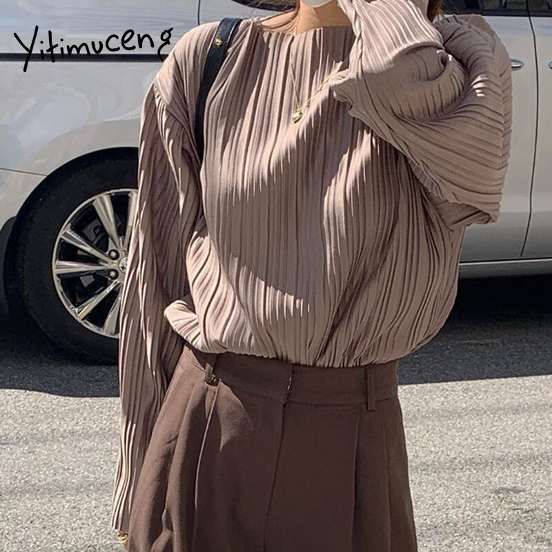 Yitimuceng dobras blusa feminina camisas de grandes dimensões do vintage coreano moda manga longa senhora escritório roxo café topos 2021 primavera novo