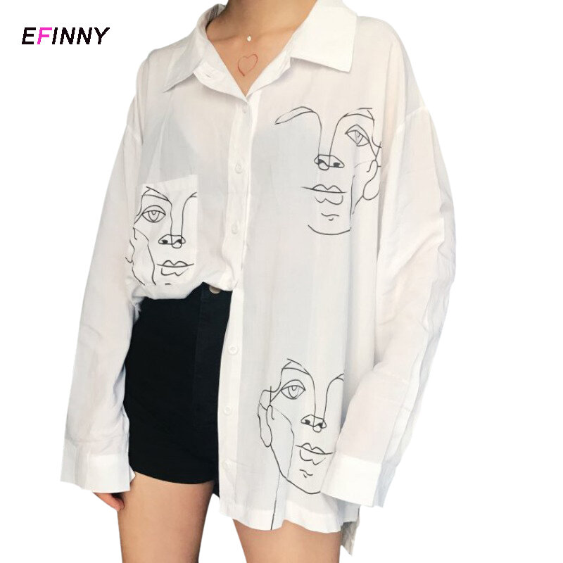 Blusa feminina com estampa de rosto, camisa casual solta de manga longa vintage para primavera e outono, estilo coreano