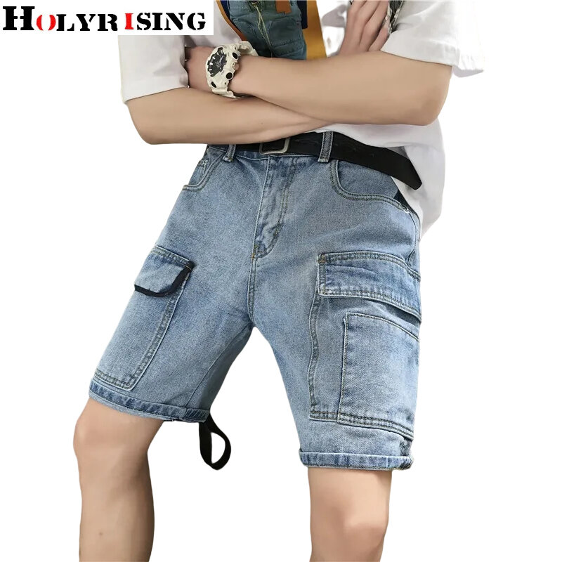 summer man denim shorts loose classic thin stretch short pockets fit jeans streetwear blue chic design knee length wear 19558