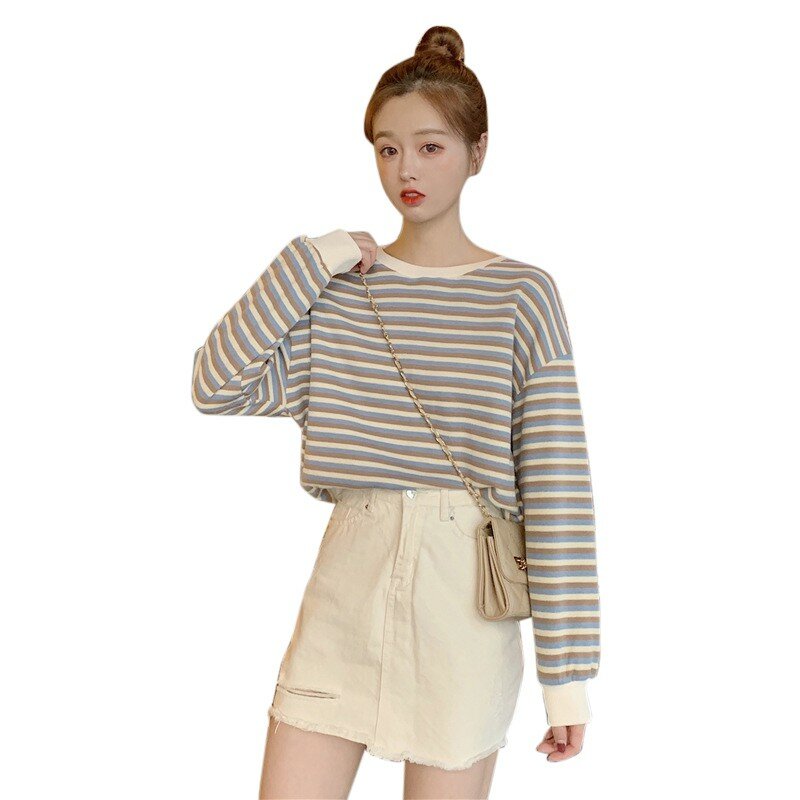 Suéter con estampado de rayas para Mujer, Jersey holgado de manga larga y cuello redondo, venta al por mayor, otoño y primavera