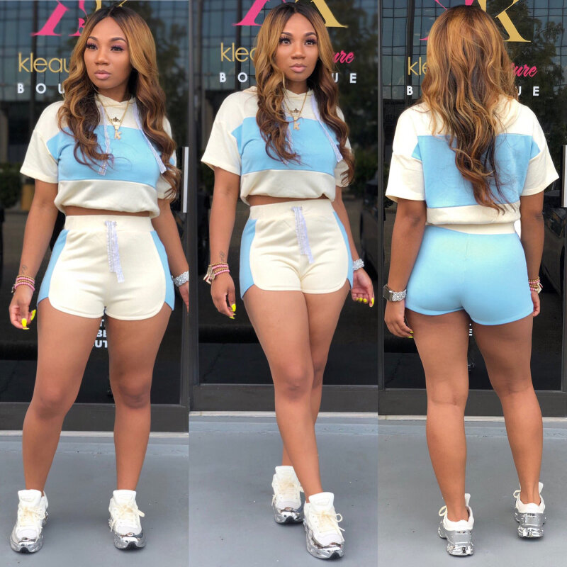 Two Piece Set for Women ColorBlock Patchwork Hoody Crop Top and Shorts Set Ladies 2021 Summer Casual Sets Fashion