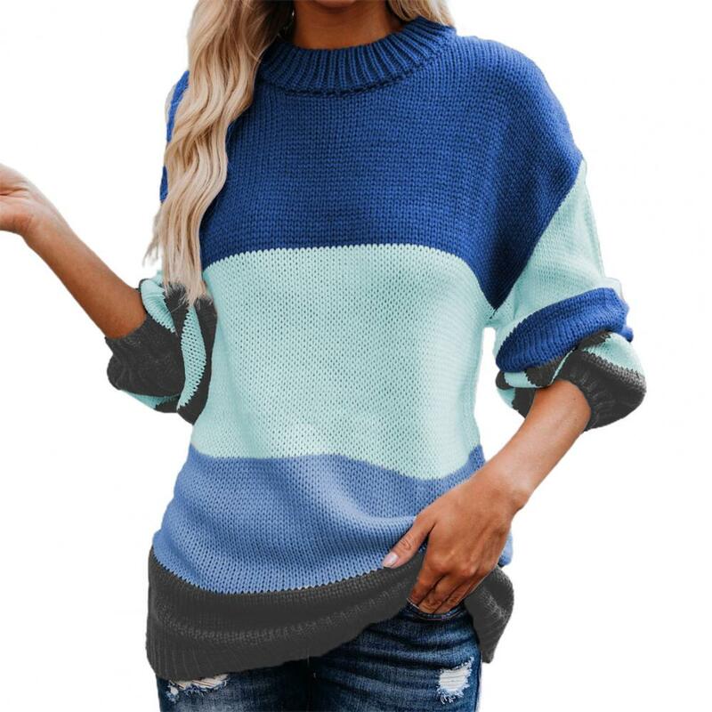 Top encantador suéter de las mujeres cómodo fibra de acrílico rayas empalme de las mujeres suéter para la vida diaria