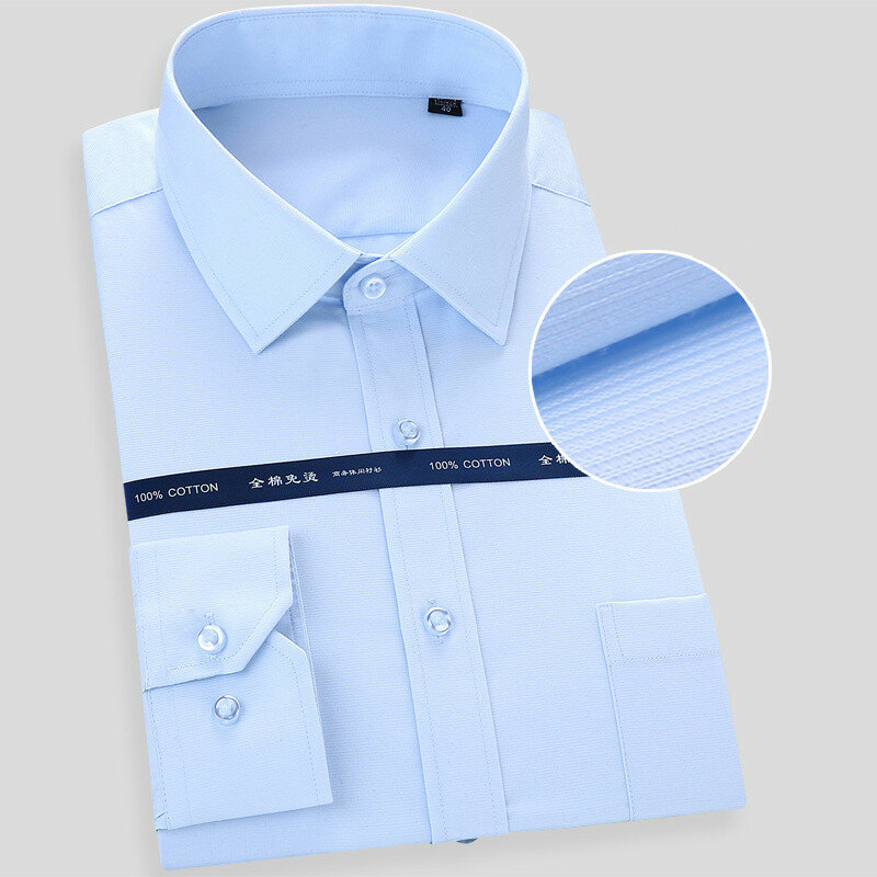 Chemise à manches longues pour homme, tenue de haute qualité, Non repassable, couleur unie, pour le travail, blanc et bleu, grande taille, 2021