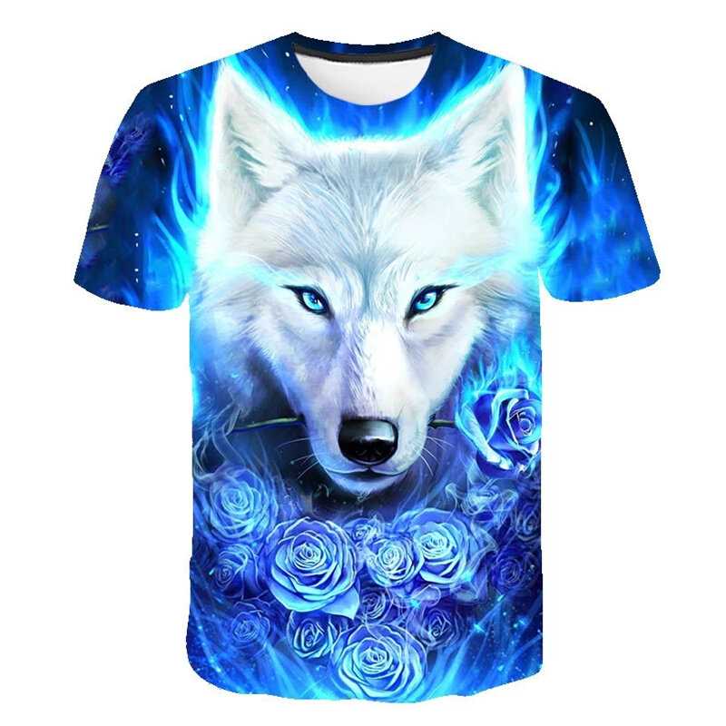 動物の3Dプリントが施されたTシャツ,オオカミのパターン,半袖,ストリートファッション,男性と女性,高品質,新しい夏のコレクション2021