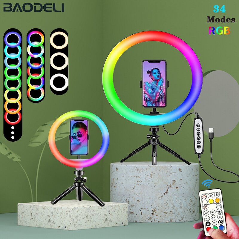 Anillo de luz RGB de 12 pulgadas con trípode para teléfono, soporte para fotografía, luz de relleno circular, lámpara de anillo Led de Color para Streaming de Youtobe