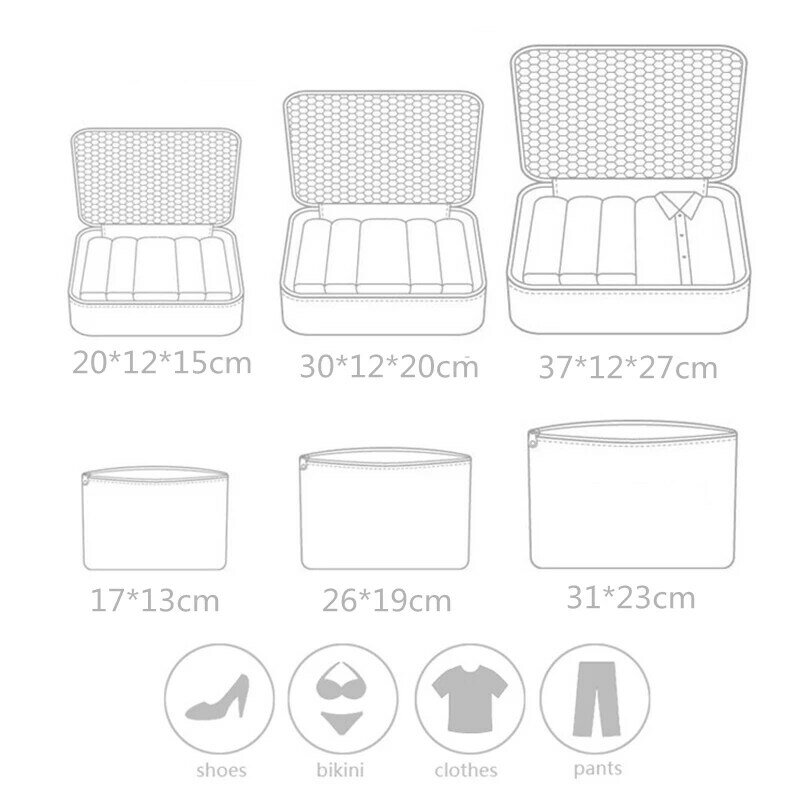 Wysokiej jakości 6 sztuk/zestaw torba podróżna na ubrania funkcjonalny organizer bagażu o dużej pojemności siatki kostki do pakowania akcesoria podróżne