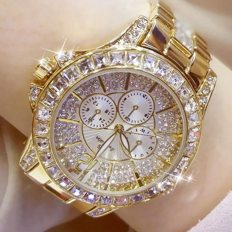 BS marka zegarki damskie luksusowe znani pełny kryształ górski bransoletka zegarek kwarcowy kobiety stal panie kryształ analogowy zegarek na rękę złoty