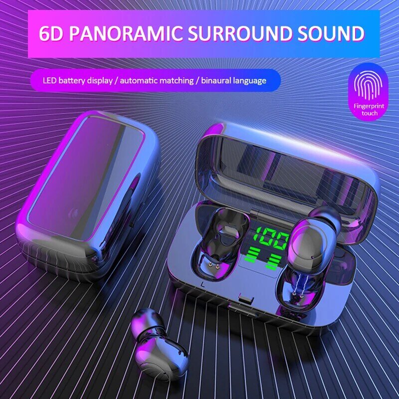 6D Mini V5.0 Bluetooth Stereo Earphone Wireless IPX6 Waterproof Touch Earbuds Headset Battery LED Display Type USB Charge Case