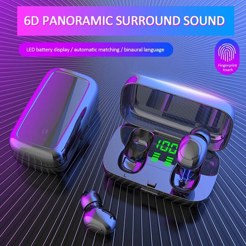 6D Mini V5.0 Bluetooth Stereo Oortelefoon Draadloze IPX6 Waterdichte Touch Oordopjes Headset Batterij LED Display Type USB Charge Case