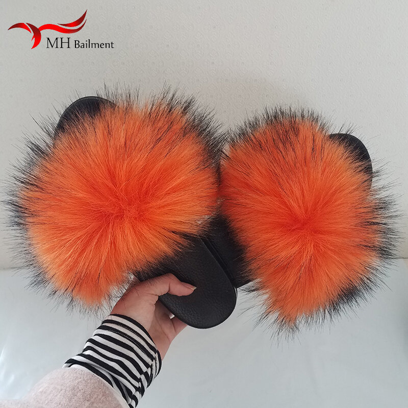 Furry Fur สำหรับผู้หญิงขายส่ง Fluffy รองเท้าแตะในร่มรองเท้าปลอม Fox Fur Flip Flops Faux Sandanls แบน Dropshopping