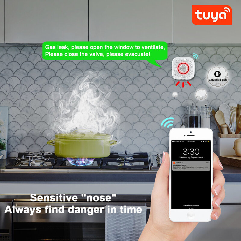 Tuya-ガス漏れセンサー,火災警報器,アプリ制御,スマートホーム安全漏えいセンサー