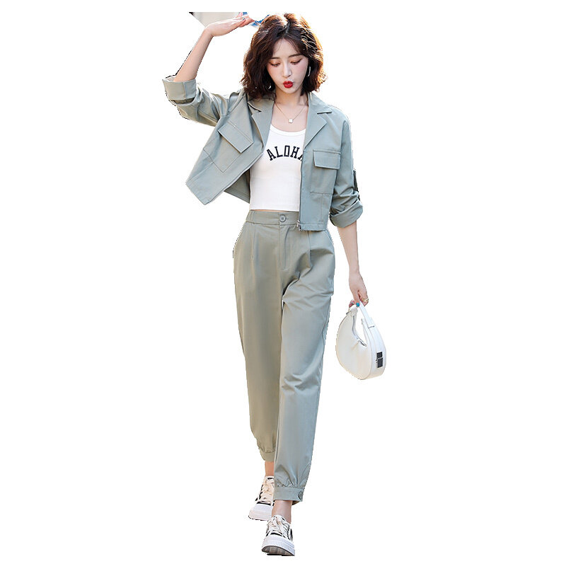 Fashion Suit Women's 2021 Autumn Handsome and Capable Easy Matching Coat Wide-Leg Workwear Cropped Pants Large Pocket Slimming