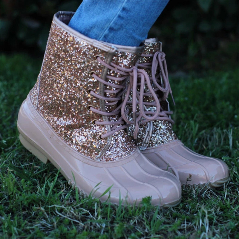 Rimocy สตรีเป็ดกันน้ำรองเท้า Rainboots แฟชั่น Glitter Non-SLIP รองเท้าข้อเท้าฤดูหนาวผ้าฝ้ายอุ่นรองเท้าผู้หญิง