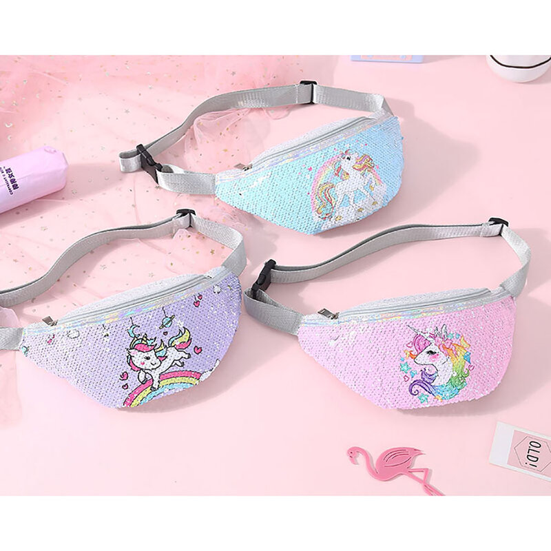 Bolsa de cintura con estampado de lentejuelas unicornio y lentejuelas de moda riñonera para niños bolsa de pecho de dibujos animados para viajes al aire libre bolsa de teléfono de bolsillo