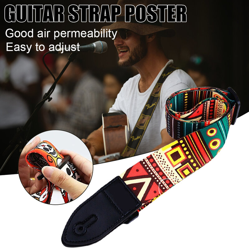 Guitar Strap Adjustable Colorful Printing Polyester Strap Leather Head Shoulder Strap Carrier for Bass Electric Acoustic Guitars