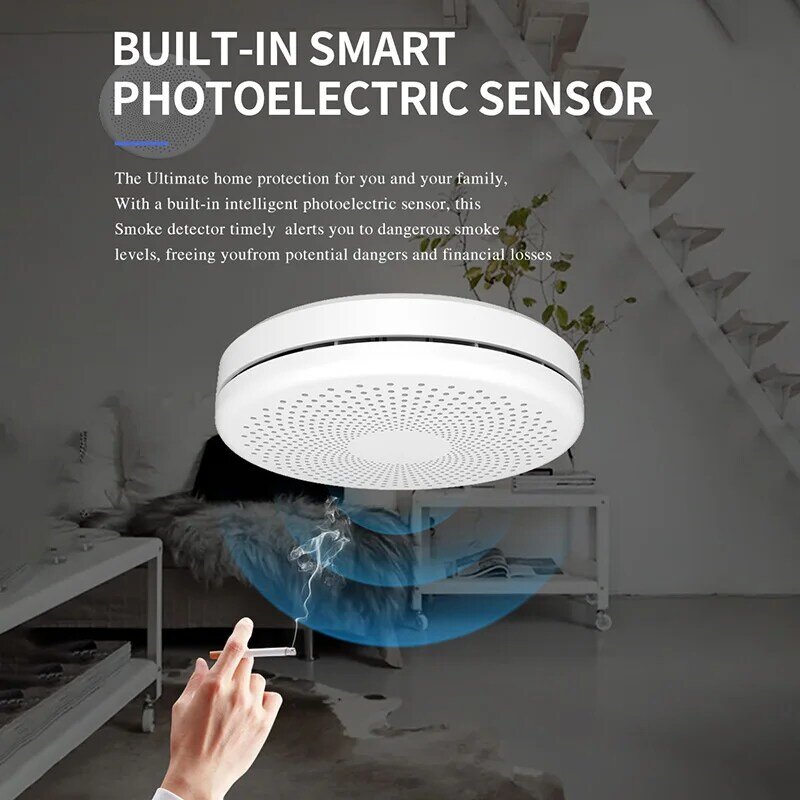 Tuya inteligente wi fi detector de fumaça casa fumaça de incêndio som e luz alarme sensor tuya inteligente controle app dispositivo de alarme de fumaça