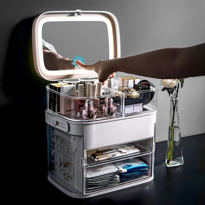 Organizador de cosméticos con espejo LED, Caja de almacenaje para maquillaje, joyero, contenedor grande de maquillaje labial, caja de almacenamiento de baño