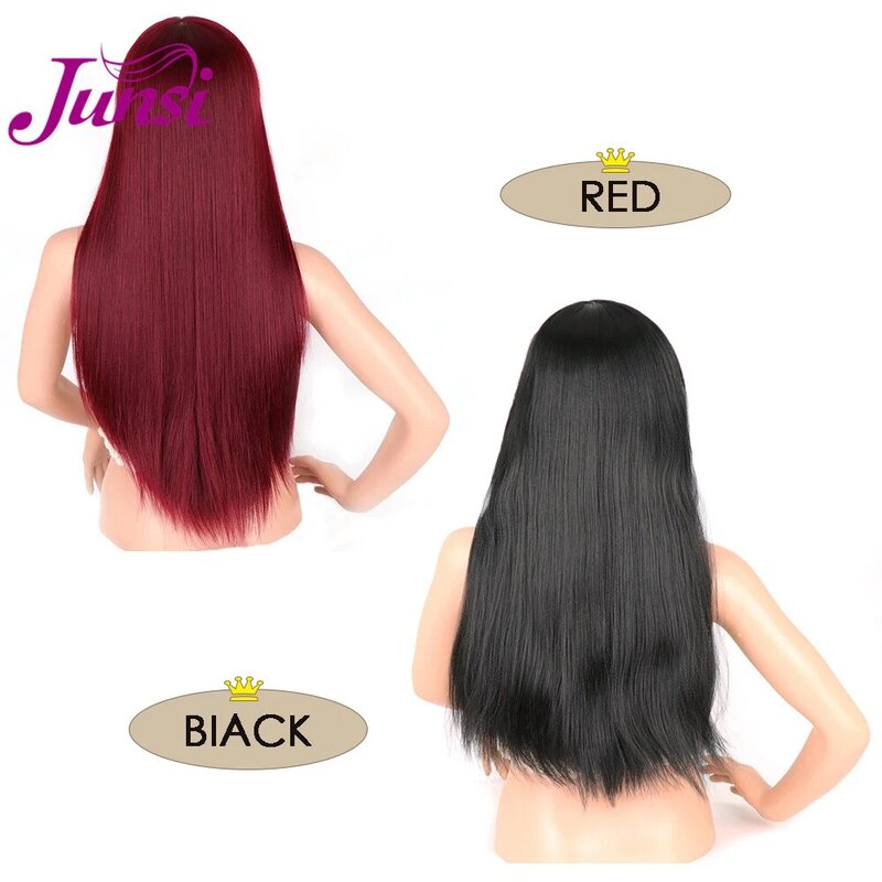 JUNSI  Black Red Two Colors Natural Long Straight Hair Fashion Female Synthetic Wig High Temperature Fiber Long Head Cover