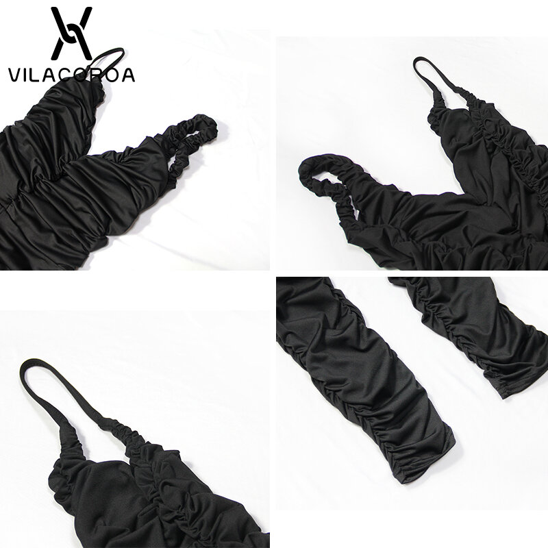 Macacão preto sem mangas com decote em v profundo, peça macacão casual folds até o tornozelo para mulheres, roupa feminina elegante para escritório e outono
