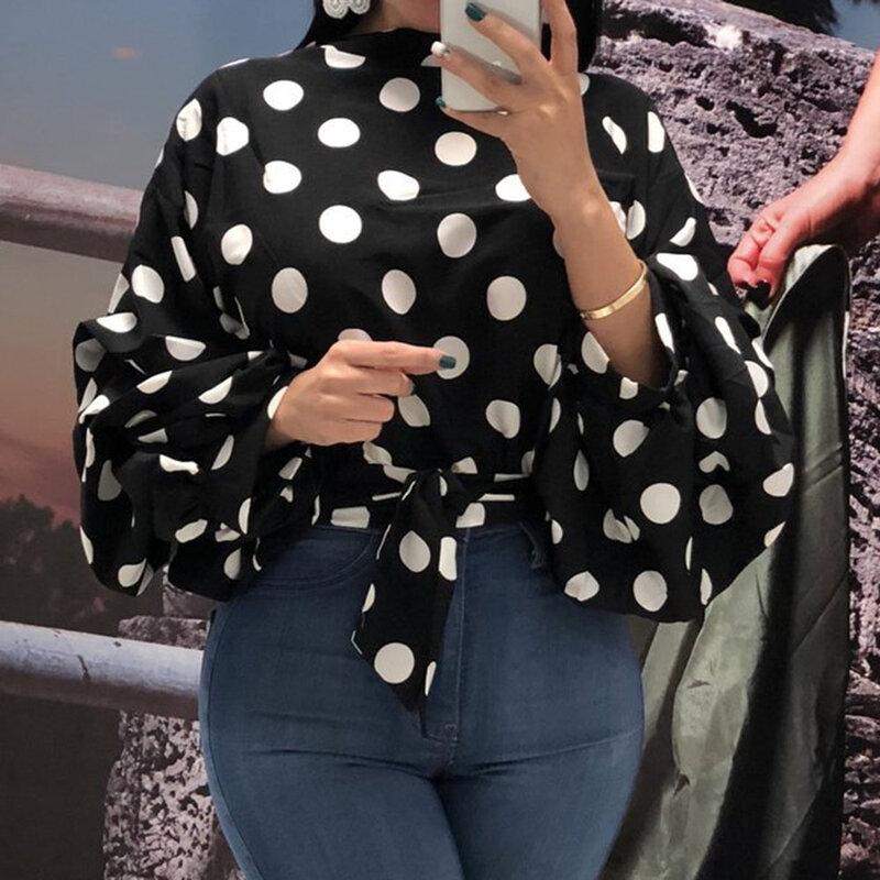 여름 사무실 레이디 스위트 플러스 사이즈 레드 우아한 블라우스 여성 2020 캐주얼 루즈 랜턴 슬리브 폴카 도트 가을 여성 탑 셔츠