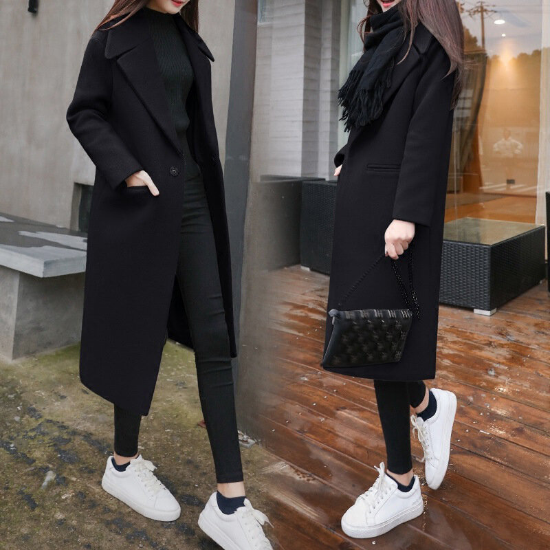 여성용 겨울 블랙 롱 울 코트 겉옷, 2020 숙녀 트렌치 한국 캐시미어 여성 느슨한 따뜻한 옷 윈드 브레이커 재킷
