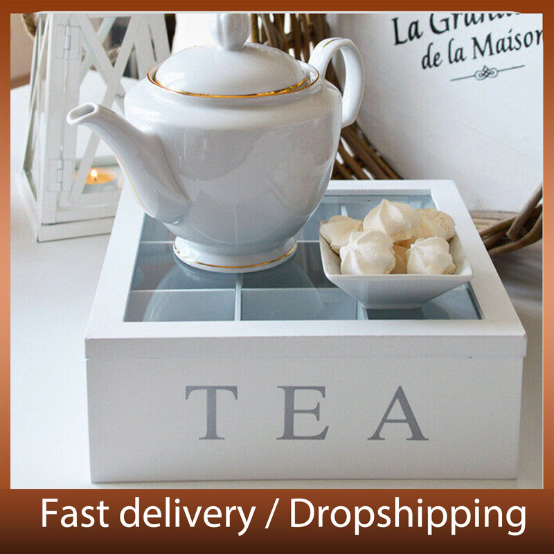 Caixa de chá de bambu estilo retrô com tampa, 9 compartimentos, saco de chá de café, suporte de armazenamento, organizador de chá para armários de cozinha acessórios