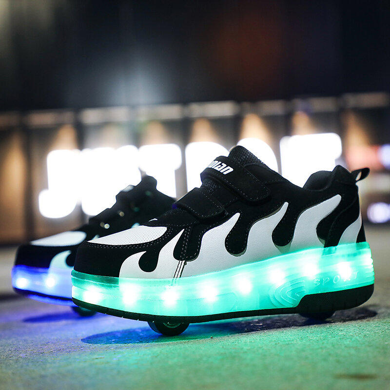 2020 nouvelles Espadrilles Rougeoyantes sur Roues De Chargement USB Lumineux Chaussures Roues LED Clignotant Double Roues Patins à roulettes Taille 28-40