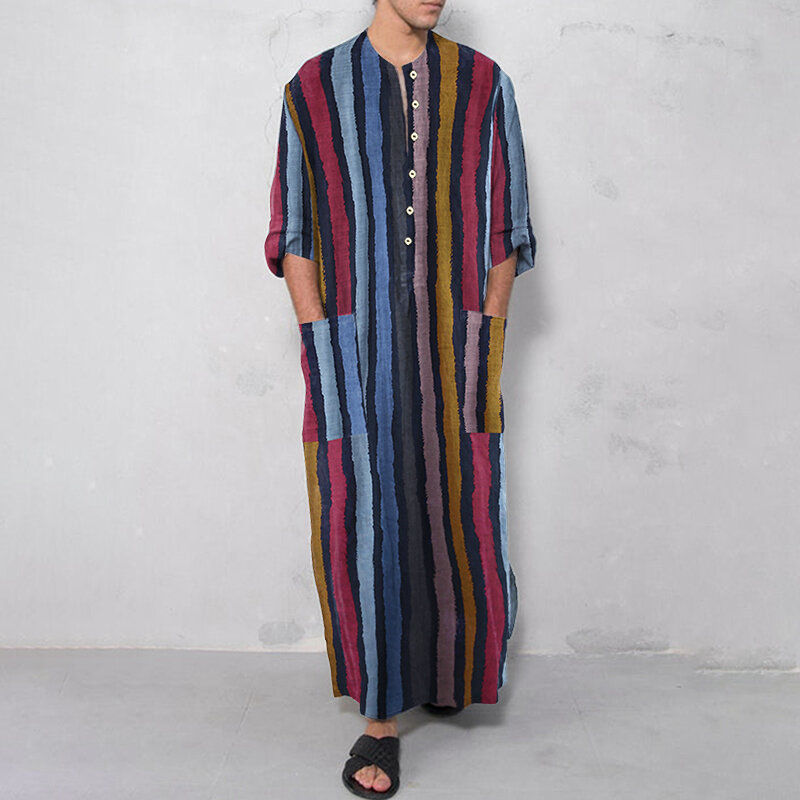INCERUN Vintage Männer Islamischen Arabisch Jubba Thobe Lange Sleeve Solide Taschen Roben Männer Saudi-arabien Abaya Kleid Muslimischen Kaftan 2023