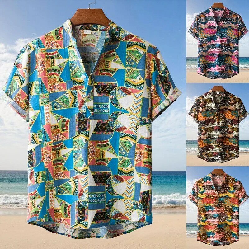 Moda masculina impresso lapela manga curta casual solto floral camisa manga lapela pescoço botão casual praia camisas