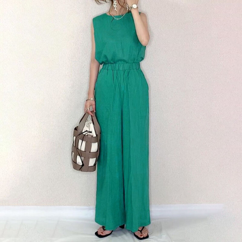 Office Ladies Green Matching Outfits Two Piece Sets Sleeveless Top High Waisted Wide Leg Pants Korea Japan Chic 2Pc Suit T-shirt