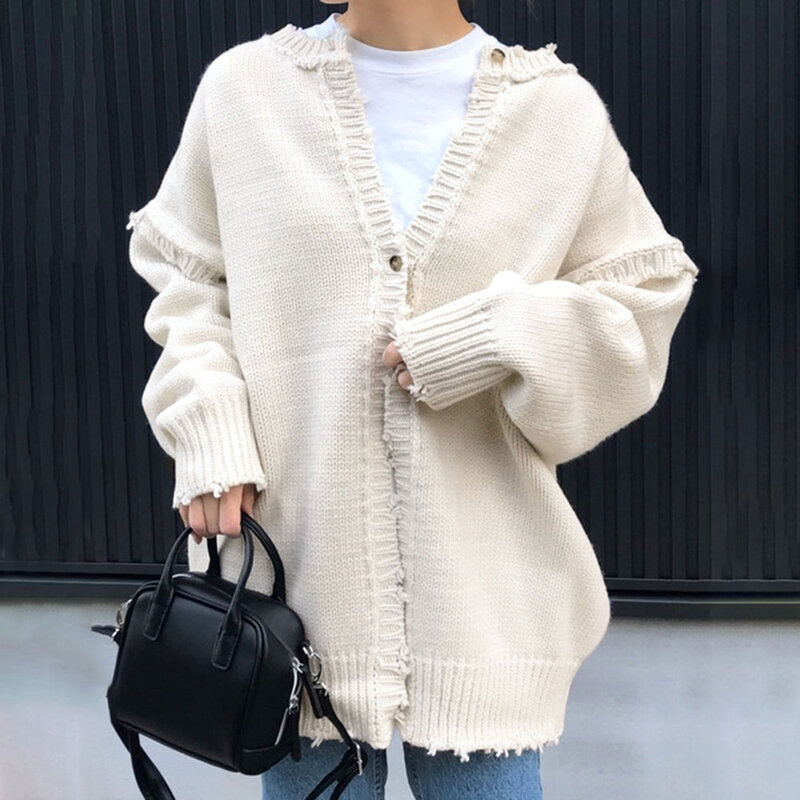 2020 Japanese New Style Autumn Two-wear Knitted Cardigan With Raw Edge Personality Simple And Fashionable Women's Loose Sweater