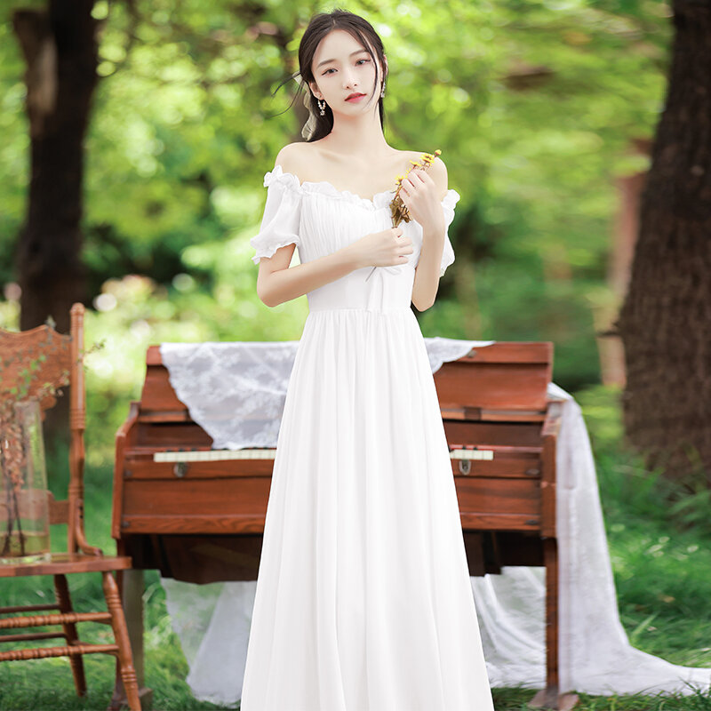 Sexy-decote-vestido de estilo francês-vestido branco para casamento e festa no verão