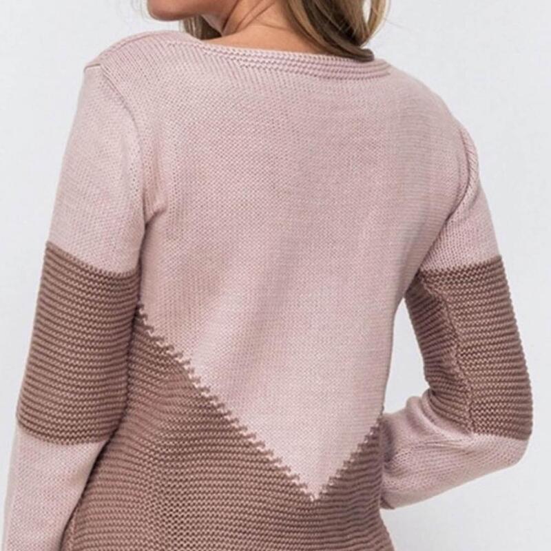 Top damski sweter kontrastowy kolorowy Patchwork jesienno-zimowy drążą splocie płóciennym dzianinowy Top sweter na odzież na co dzień