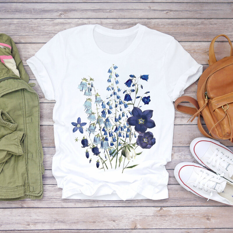 Camiseta feminina estampa floral, manga curta verão 2021