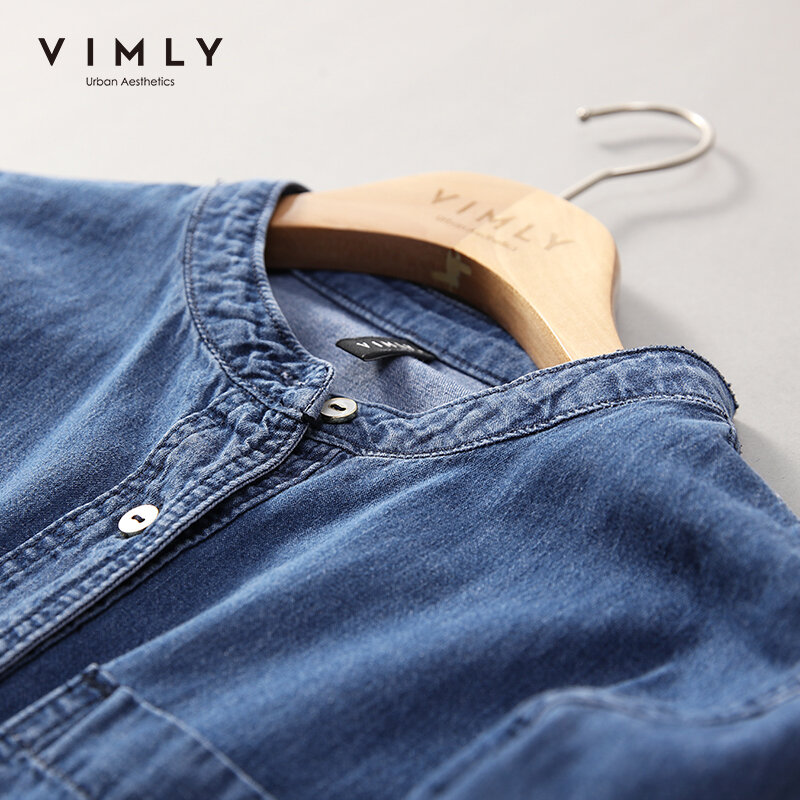 VIMLY Blau Hemd für Frauen Vintage CottonTops Büro Dame Langarm Jean Shirts Herbst 2021 Demin Bluse Weibliche Kleidung F9167
