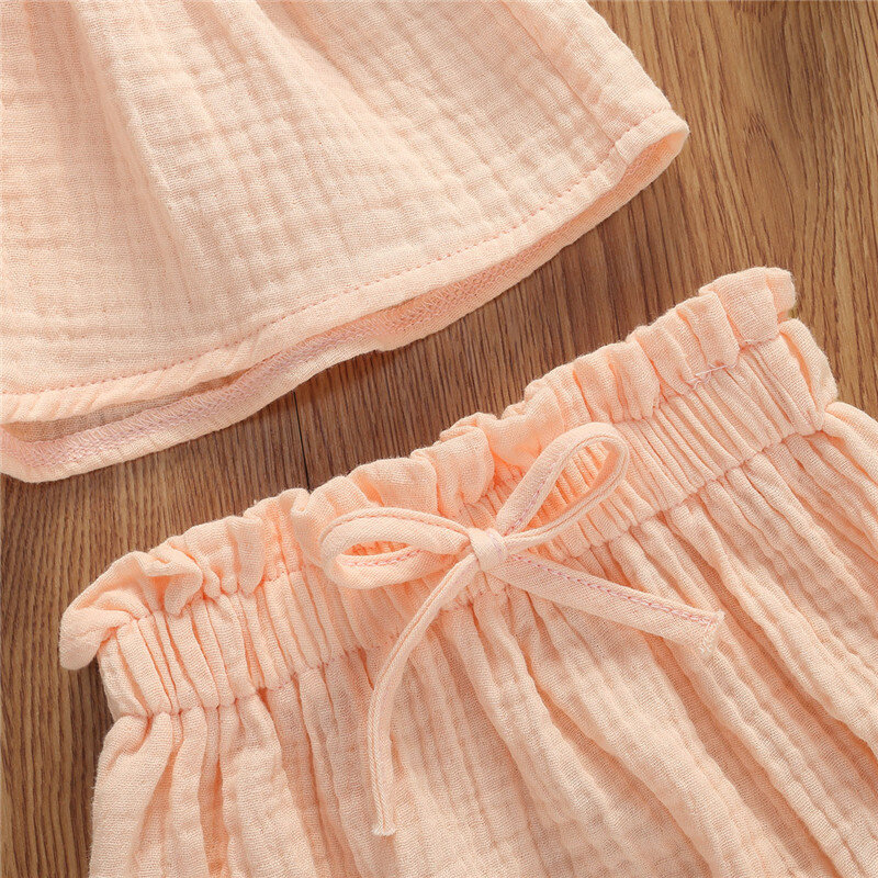 Baby Girls Summer Clothing Set Linen Cotton Solid Short Sleeve T-shirt Tops+Shorts 2PCS Outfits Newborn Infant Clothes 0-24M