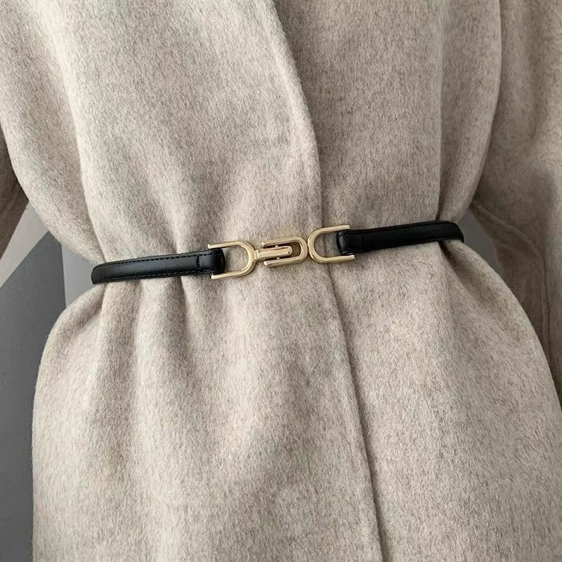Pasek damski-Cinturón de piel sintética ajustable para mujer, Cinturón fino y delgado con hebilla de Color dorado