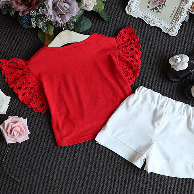 Set Baju Anak Perempuan 2021 Atasan + Celana Pendek Lengan Berongga Bunga Musim Panas Baru Baju Anak Perempuan Balita Baju Anak Perempuan Bayi