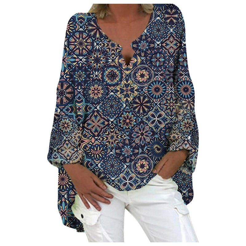 Женская Асимметричная блузка из хлопка и льна, Повседневная Свободная винтажная рубашка большого размера с длинным рукавом, V-образным выре...