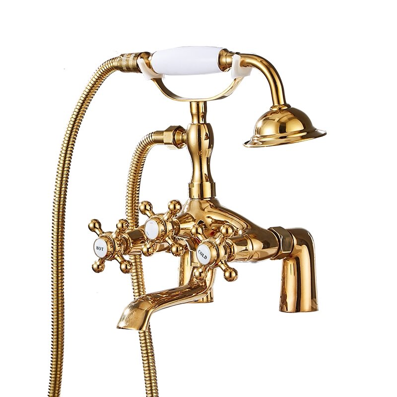 Душевая система с двойными ручками, латунный кран для ванны с поворотным носиком, в стиле телефона, цвет золото, крепление на стену