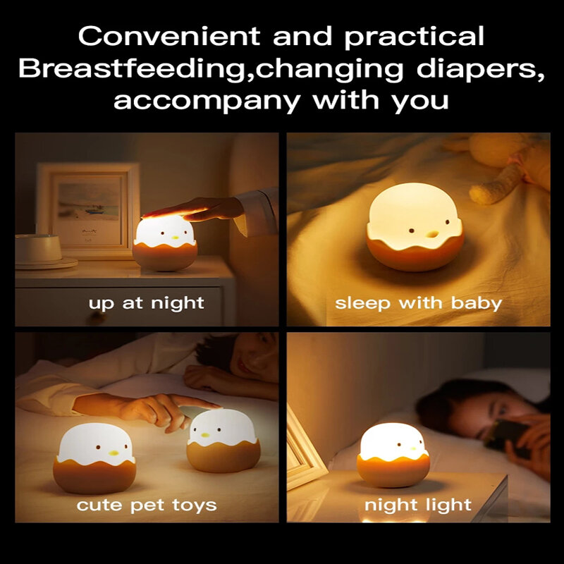 Led Kinderen Touch Night Light Soft Silicone Usb Oplaadbare Slaapkamer Decor Gift Dier Ei Shell Chick Bedlampje