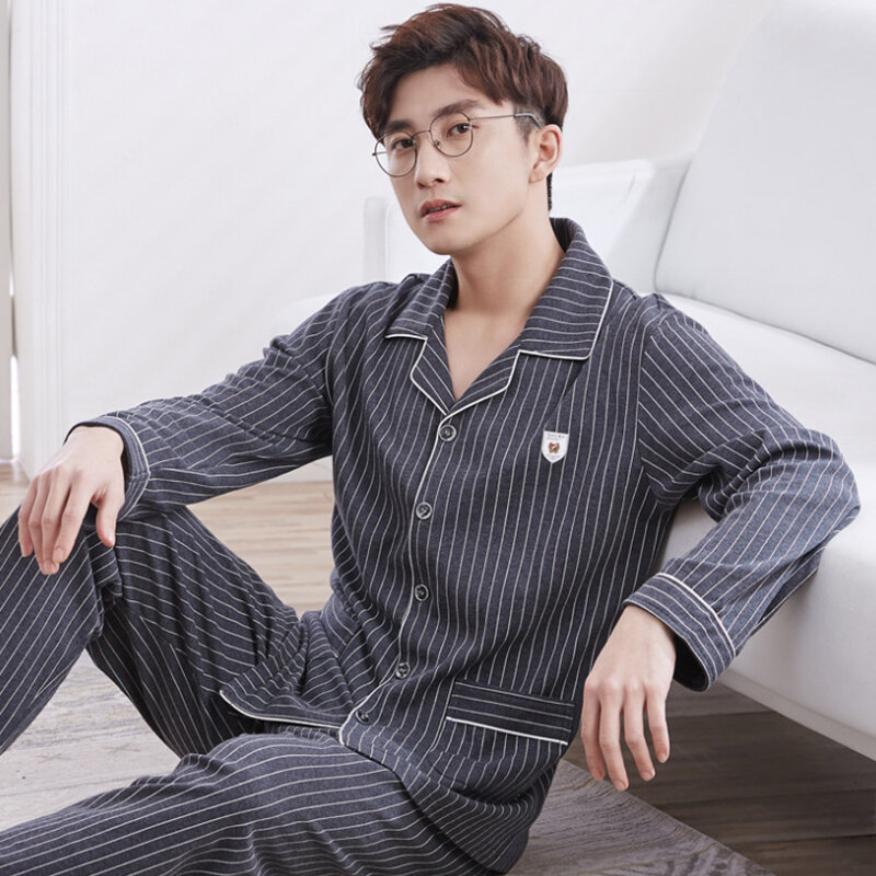 2021 Summer Casual Striped Cotton Pajama Sets for Men Short Sleeve Long Pants Sleepwear Pyjama Male Homewear Lounge Wear Clothes