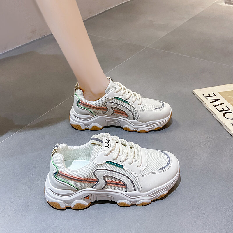 Zapatos De malla informales para Mujer, zapatillas deportivas transpirables con plataforma, cómodas, con cordones, color Beige, para otoño, 2021