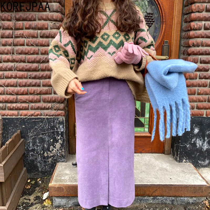 Korejpaa outono retro feminino duas peças conjunto chique geométrico o-pescoço manga comprida camisola de malha + cintura alta bodycon split saia