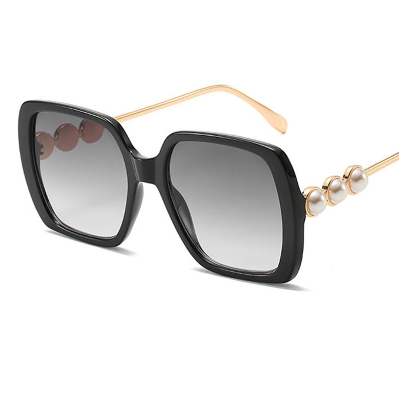 럭셔리 고품질 빈티지 스퀘어 진주 선글라스 여성용, 검은색 선글라스, 큰 프레임 그라디언트 렌즈 안경