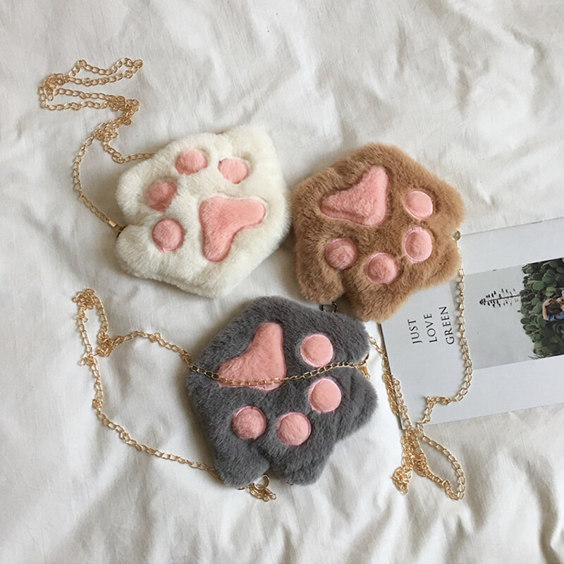 Cute Bear Paw Children's Plush Messenger Bag Lovely Girls Accessories Chain Shoulder Crossbody Bag Kids Coin Purse Handbags
