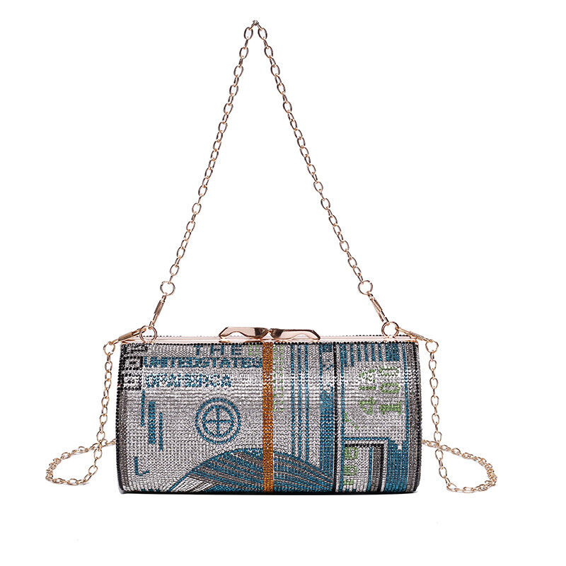 Bolso de hombro con forma de barril para mujer, cartera de mano de lujo con cadena de mano, con diamantes, 2020