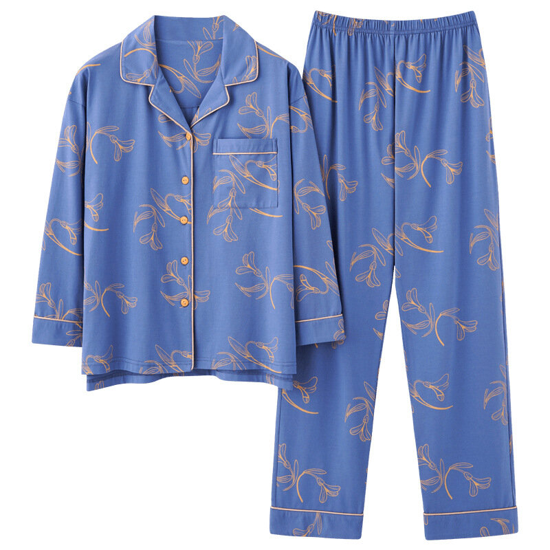 Mulheres cardigan homewear calças de manga comprida ternos design impressão solto pijamas definir senhoras outono inverno lapela algodão sleepwear
