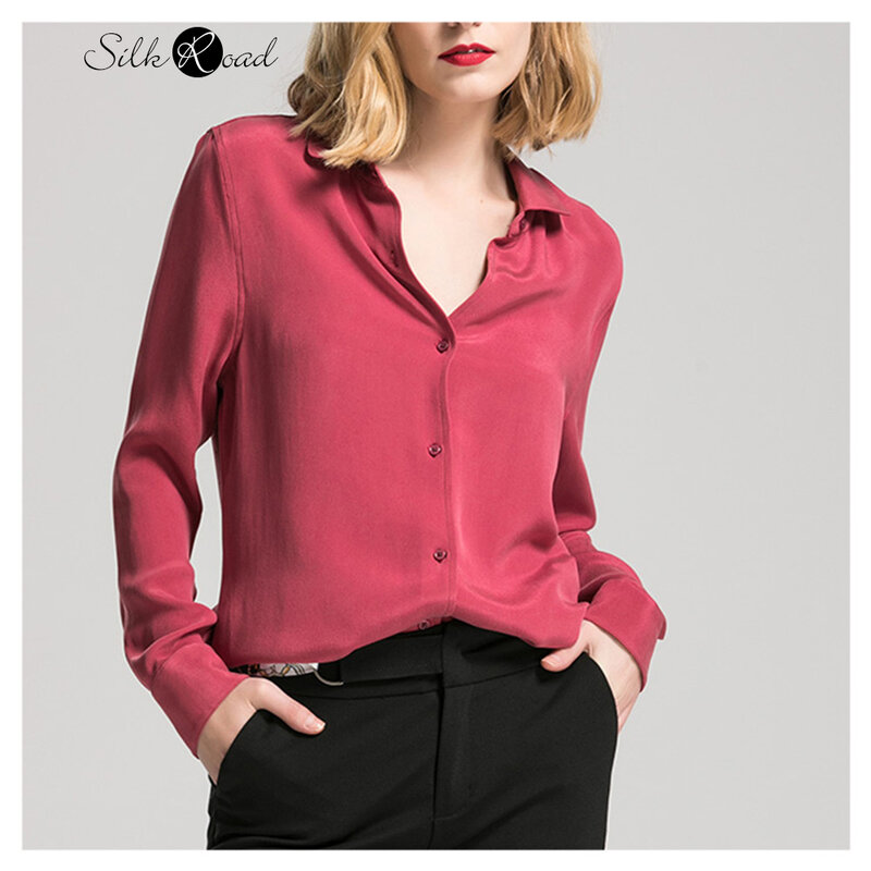 Naviye-camisa de seda gruesa para mujer, Blusa de manga larga de seda Mulberry, Top Vintage de estilo occidental, color vino tinto