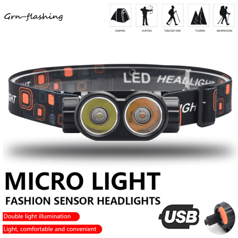 Strong Light Dual Headlights USB Charging Headlamp Fashion Sensor Double Light Source Lights for Running Adventure Touring
